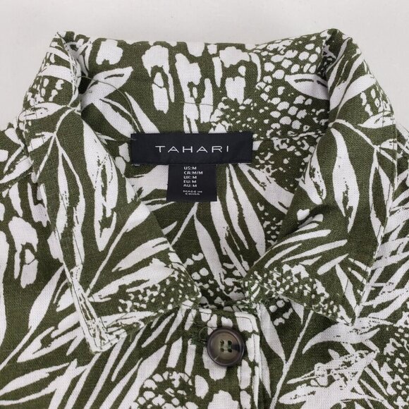 Tahari Linen Blend Button Up Jacket Womens Medium Green Leaf Print Lightweight - Picture 3 of 8